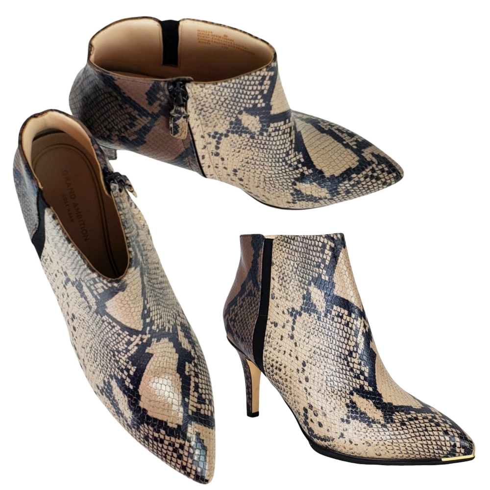 New Cole haan grand ambition arietta snake print heel pointed ankle boots size 8